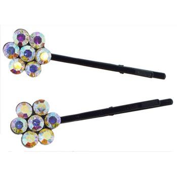 Karen Marie - Crystal Flower Bobby Pins - White Diamond AB Hued - Black (Set of 2)